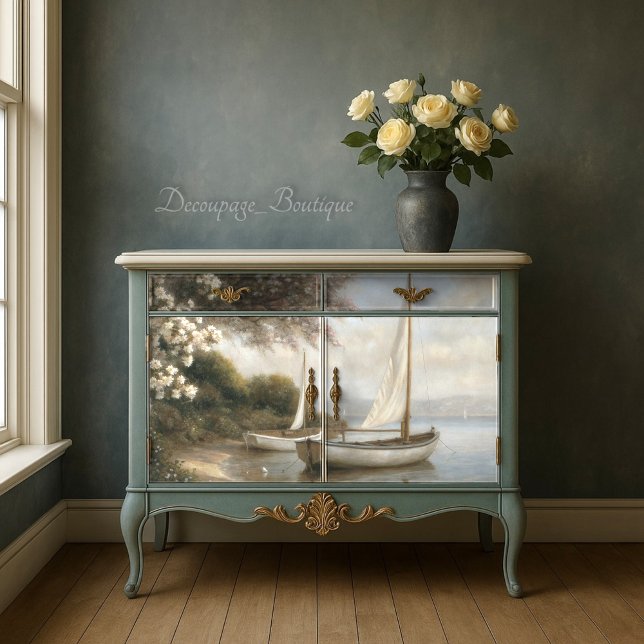 Papel De Seda Barcos de vela junto a la orilla Decoupage (Sailboats by the Shore Decoupage Tissue Paper)