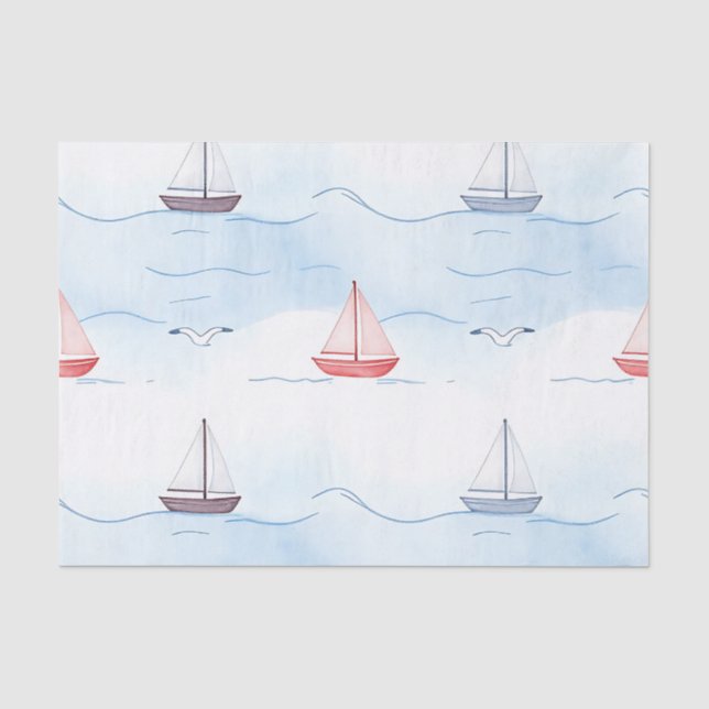 Papel De Seda Barcos de Vela y Gaviotas Patrón Continuo (Anverso)