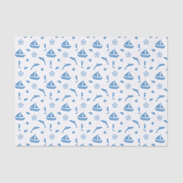 Papel De Seda Barcos y delfines Patrón naumático Blanco azul (Anverso)