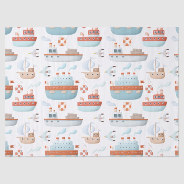 Papel De Seda Barcos y pájaros personalizados en blanco (Anverso)