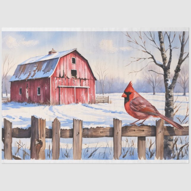 Papel De Seda Barn rojo acuarela y desenlace invernal cardinal (Anverso)