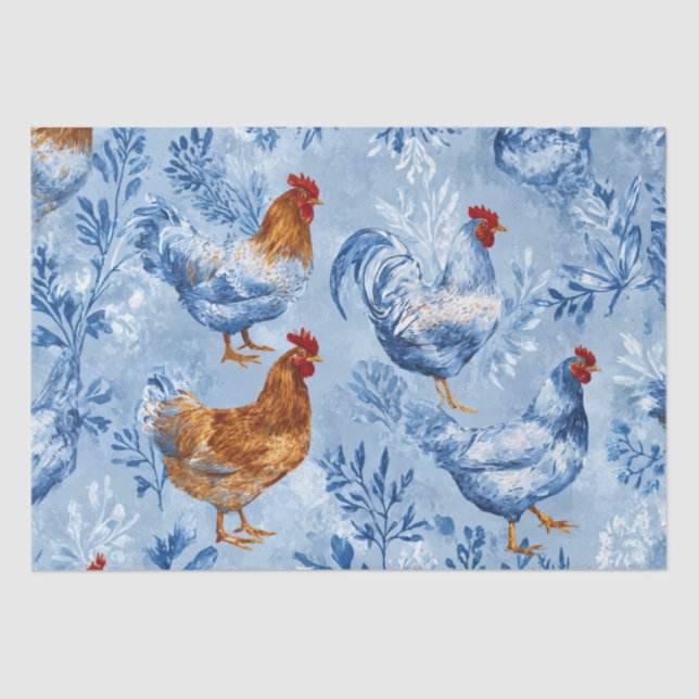 Papel De Seda Barnyard Chickens and Botanical Pattern (Anverso)