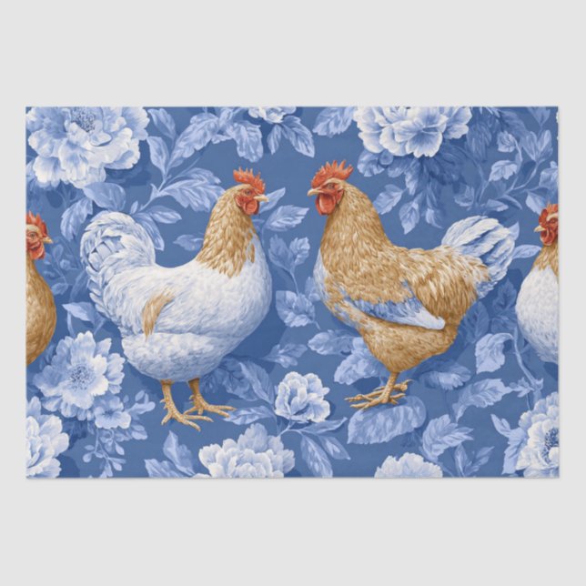 Papel De Seda Barnyard Chickens and Botanical Pattern  (Anverso)