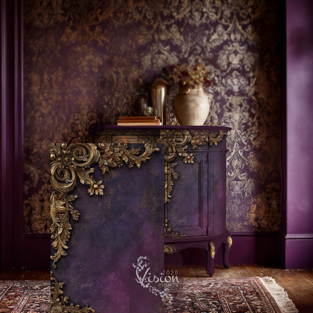 Papel De Seda Baroque Gold Frame On Purple Damask (Gold Gilded Baroque, Art Deco, Moody Purple Backdrop, Decoupage Tissue Paper.)