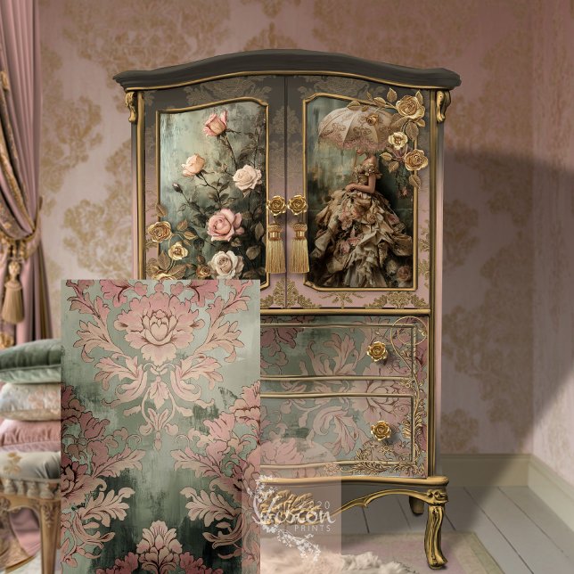 Papel De Seda Barroco Damask Duste mosaico rosa y verde (Weathered Floral Damask Patterned Tile, Dusty Pink and green decoupage tissue paper.)