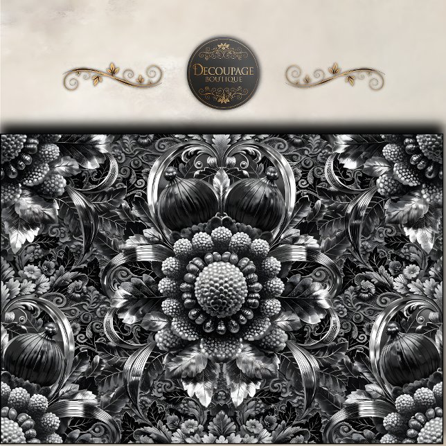 Papel De Seda Barroco Floral Decoupage de Plata Negra (Black Silver Baroque Floral Decoupage Tissue Paper)