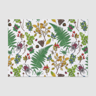Papel De Seda Bayas forestales, hojas e insectos en blanco