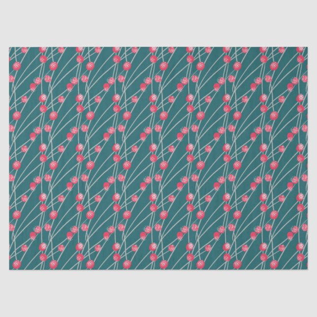 Papel De Seda Bayas rojas nevadas sobre verde oscuro (Anverso)