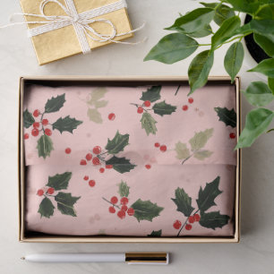 Papel De Seda Bayas rojas y acebo sobre rosa