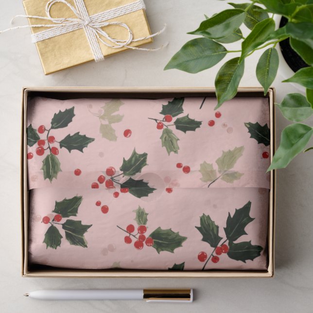Papel De Seda Bayas rojas y acebo sobre rosa (Regalo )