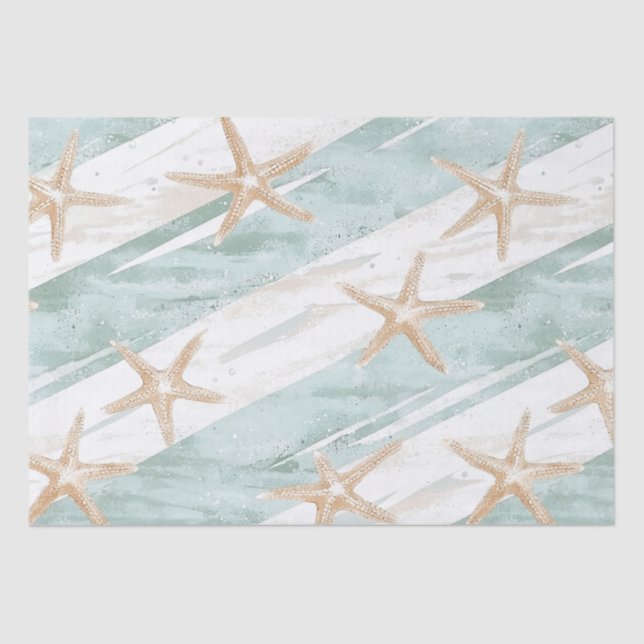 Papel De Seda Beach Aqua Mint Starfish Stripes Cumpleaños (Anverso)