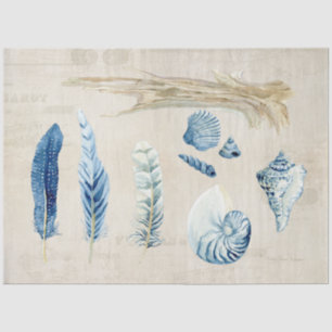 Papel De Seda Beach Ocean Sea Shells Feathers Blue Decoupage