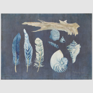 Papel De Seda Beach Ocean Shells Fethers Navy Blue Decoupage