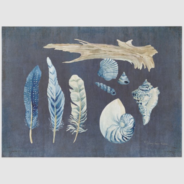 Papel De Seda Beach Ocean Shells Fethers Navy Blue Decoupage (Anverso)