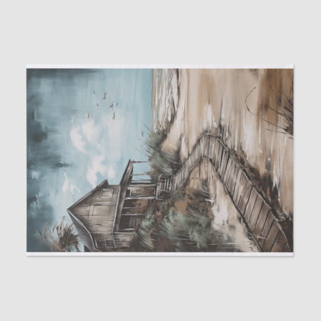 Papel De Seda Beach Shack Rustic Coastal Painting Decoupage (Anverso)