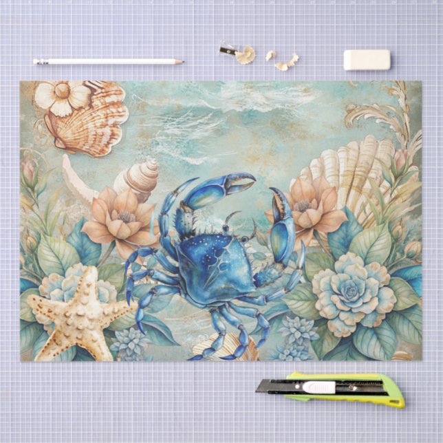 Papel De Seda Beachy Pastel  Blue Crab & Shells Decoupage  (Artesanía)