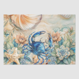 Papel De Seda Beachy Pastel  Blue Crab & Shells Decoupage 