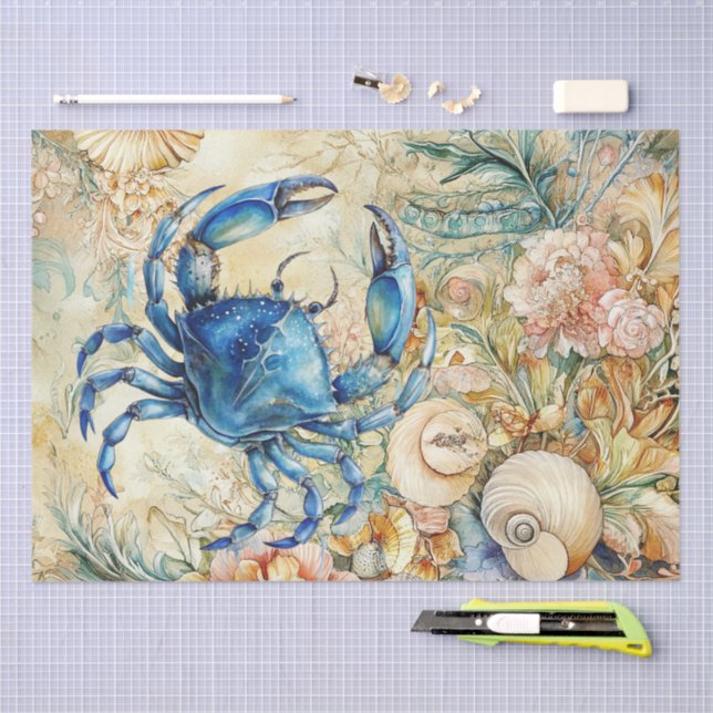 Papel De Seda Beachy Pastel  Blue Crab & Shells Decoupage  (Artesanía)