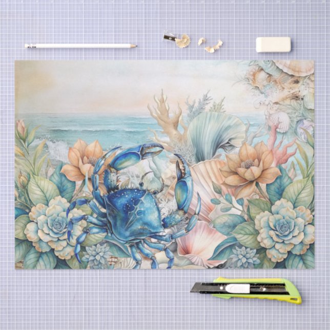 Papel De Seda Beachy Pastel  Blue Crab & Shells Decoupage  (Artesanía)