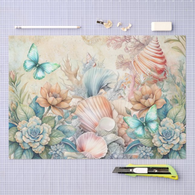 Papel De Seda Beachy Pastel Butterflies &  Seashells Decoupage  (Artesanía)