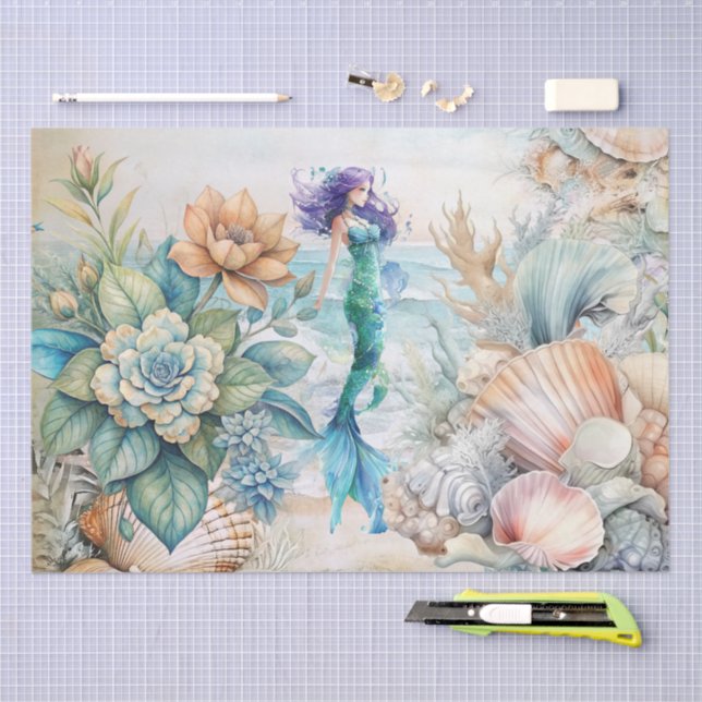 Papel De Seda Beachy Pastel  Floral Mermaid & Shells Decoupage  (Artesanía)