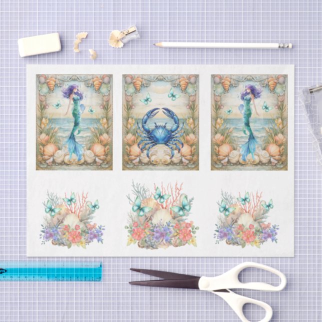 Papel De Seda Beachy Pastel  Floral Mermaid & Shells Decoupage  (Artesanía)