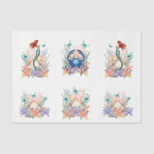 Papel De Seda Beachy Pastel  Floral Mermaid & Shells Decoupage (Anverso)