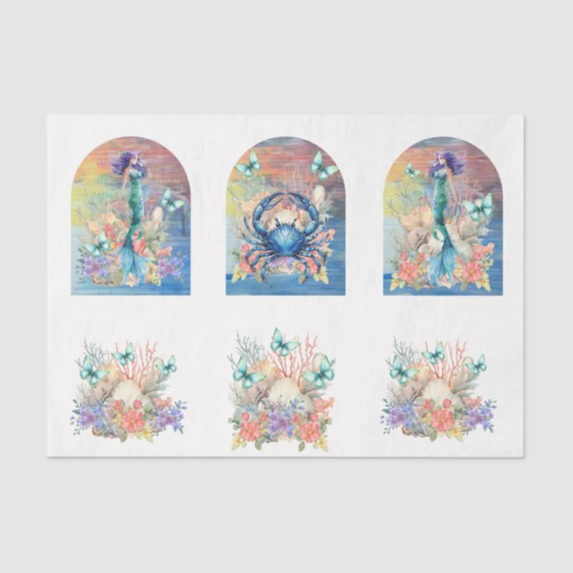 Papel De Seda Beachy Pastel  Floral Mermaid & Shells Decoupage (Anverso)