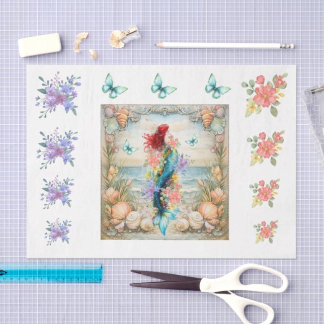 Papel De Seda Beachy Pastel  Floral Mermaid & Shells Decoupage  (Artesanía)