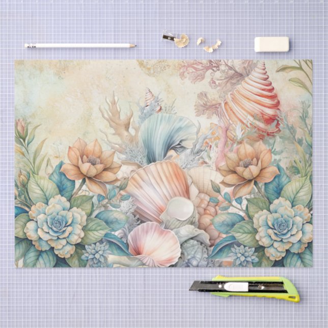 Papel De Seda Beachy Pastel Floral Seashells Decoupage  (Artesanía)