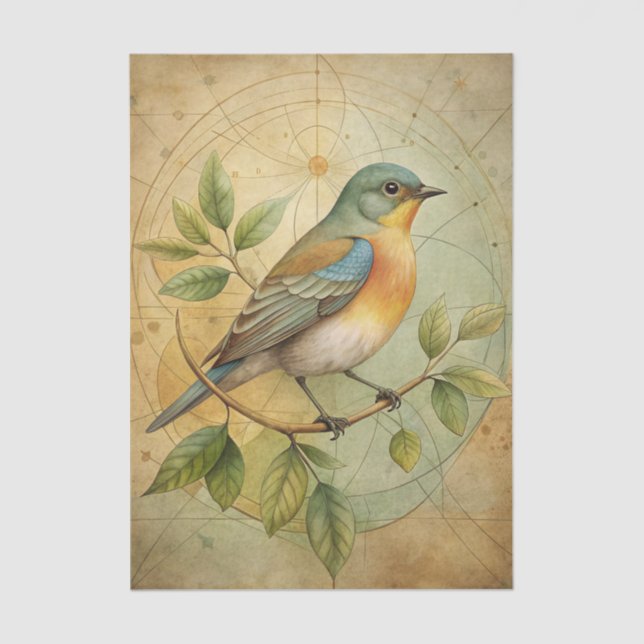 Papel De Seda Beautiful Bird on Branch with Geometric Lines (Anverso)