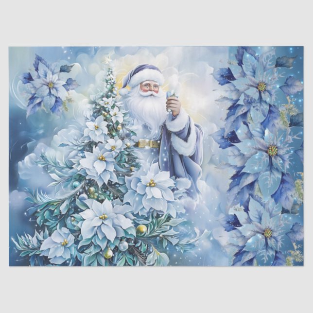 Papel De Seda Beautiful Blue Santa & Poinsettias Decoupage (Anverso)