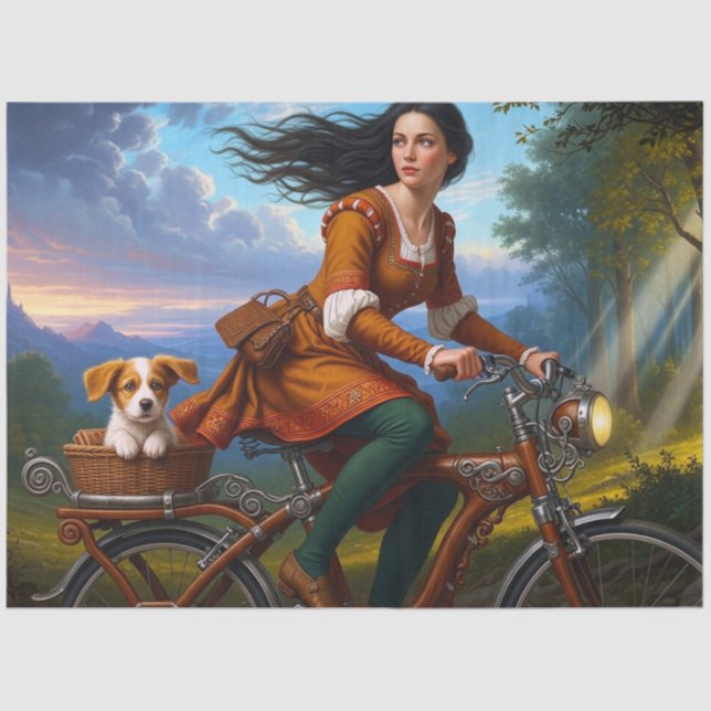 Papel De Seda Beautiful Girl With Puppy On Bicycle Decoupage (Anverso)