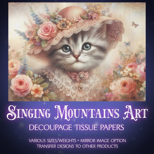 Papel De Seda Beautiful Pink Floral Victorian Cat Decoupage (Subido por el creador)