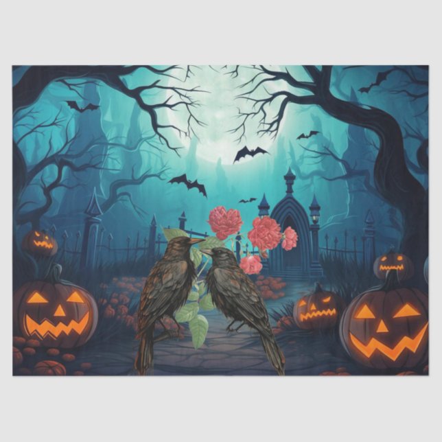 Papel De Seda Beautiful Spooky Haunted Raven Halloween Decoupage (Anverso)