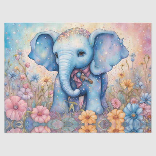 Papel De Seda Bebé elefante lindo en un jardín pastel (Anverso)