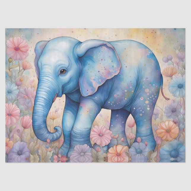 Papel De Seda Bebé elefante lindo en un jardín pastel (Anverso)