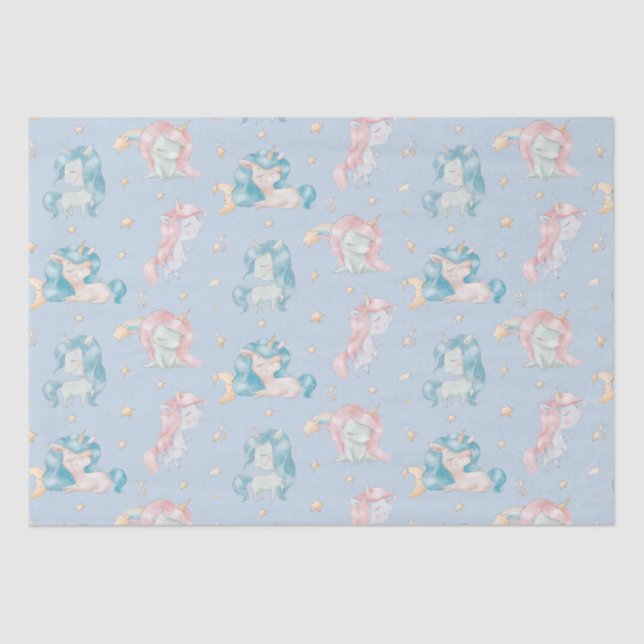 Papel De Seda Bebé lindo Unicornio Pastel azul rosa Nursera niño (Anverso)