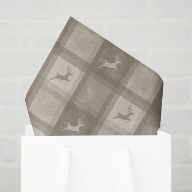 Papel De Seda Beige Textured Plaid With Reindeer Christmas (Bolsa de regalo)