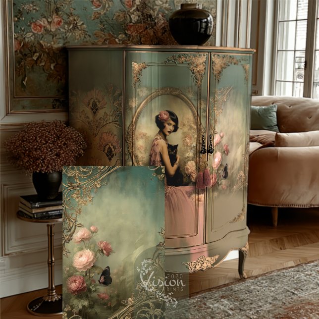 Papel De Seda Belle Noir Rollo de Oro Rosa Mariposa Rosa (Floral scroll art panel leaning near sage armoire in blush living room setting)
