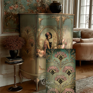Papel De Seda Belle Noir Rosa Turquesa Art Déco Damero Floral