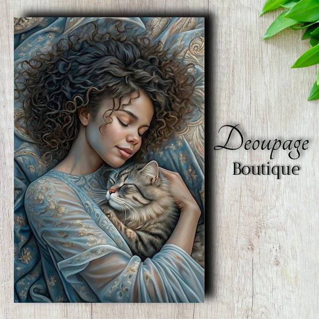 Papel De Seda Belleza durmiente y desenlace de amigo felino (Sweet Dreams - Sleeping Beauty with Feline Friend Decoupage Tissue Paper)