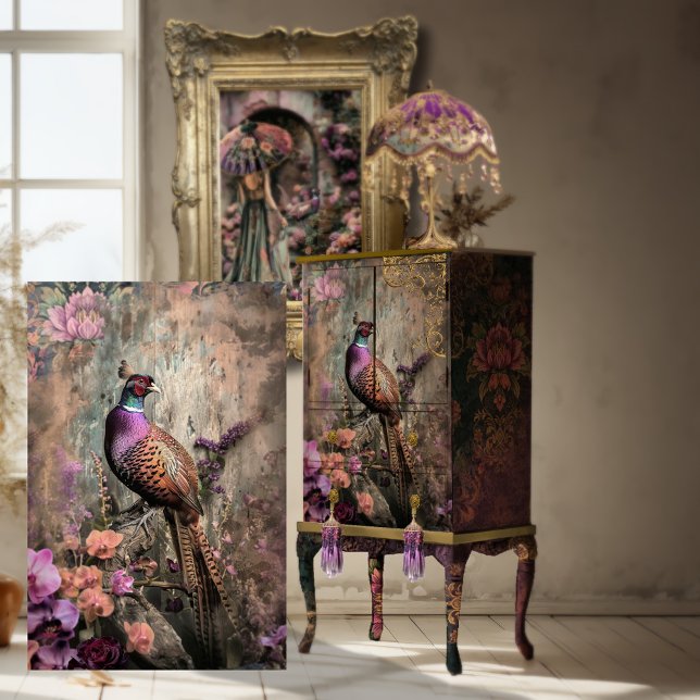 Papel De Seda Belleza faisana, rama de aves, Moody Florals (A pheasant Bird sitting on a branch and moody rustic floral scene, furniture decoupage tissue paper)