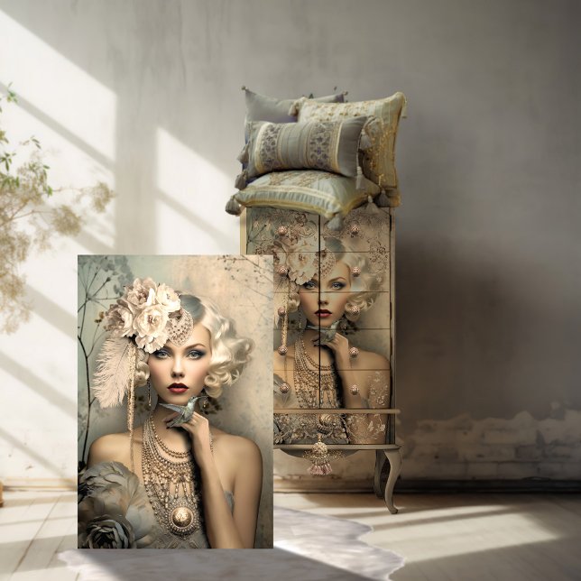 Papel De Seda Belleza Flapper de los años 20 y colibrí, desacopl (1920's Inspired Flapper Girl & a hummingbird. Light Dusty, Silver, Blue Adorned Lady Decoupage Paper)