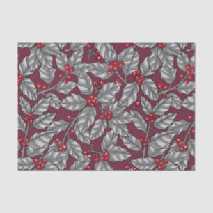 Papel De Seda Berry holly, hojas grises en rojo oscuro