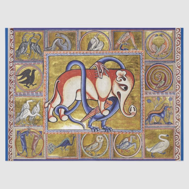 PAPEL DE SEDA BESTIARIO MEDIEVAL, DRAGÓN DE SERPIENTES COMBATIEN (Anverso)