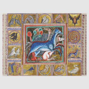 PAPEL DE SEDA BESTIARIO MEDIEVAL EXTRAÑO, CABALLOS, ANIMALES FOR