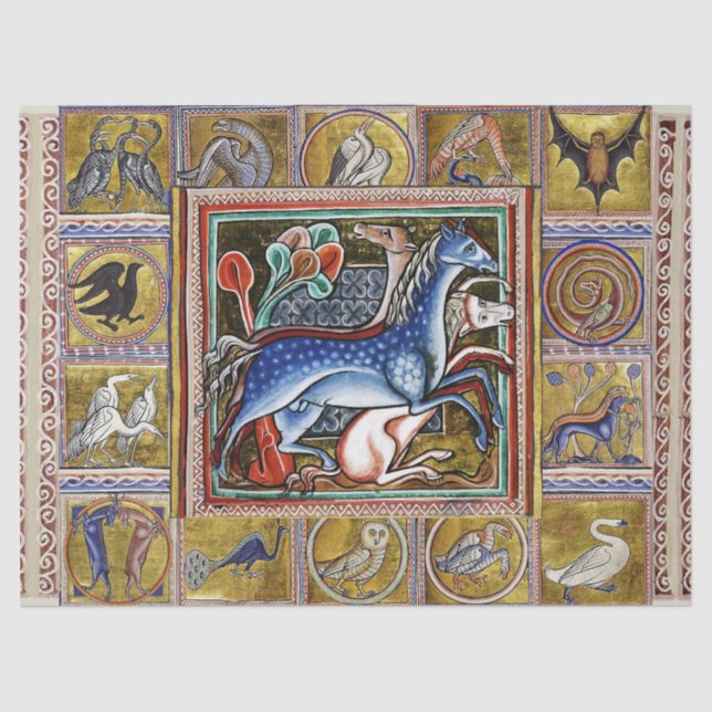PAPEL DE SEDA BESTIARIO MEDIEVAL EXTRAÑO, CABALLOS, ANIMALES FOR (Anverso)