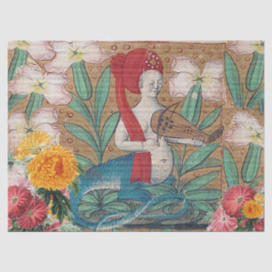PAPEL DE SEDA BESTIARIO MEDIEVAL, FAIRY MELLUSINA HACIENDO MÚSIC