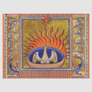 PAPEL DE SEDA BESTIARIO MEDIEVAL, FOENIX EN LLAMAS ROJAS, ÁRBOL